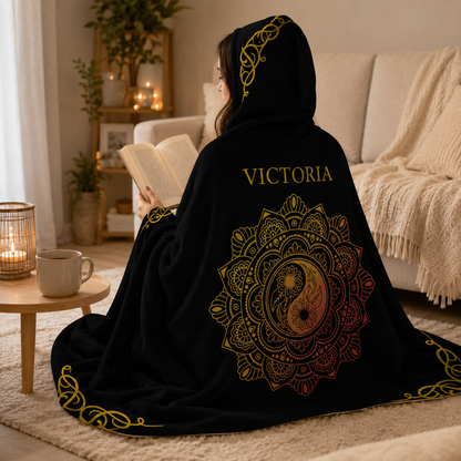 Custom name on gold lotus Minky fleece hooded wearable blanket for spiritual boho women
