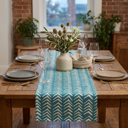 Teal Tribal Pattern Table Runner | Artistic Bohemian Dining Decor for Home and Entertaining