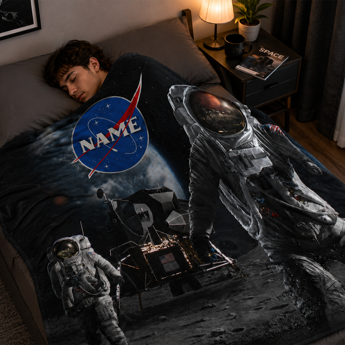 Person wrapped in personalized man on the moon throw blanket as birthday space gift
