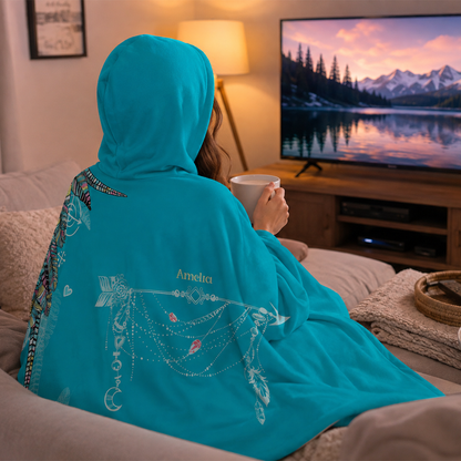 Custom name on drifter Minky fleece hooded wearable blanket for boho women and free spirits
