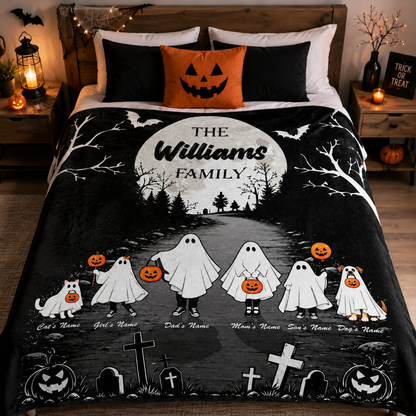 Personalized Halloween Ghost Family Fleece Blanket with Custom Names