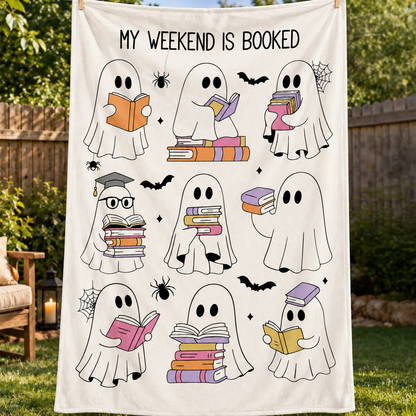 Cute Ghost Reading Halloween Throw Blanket for Book Lovers and Fall Decor