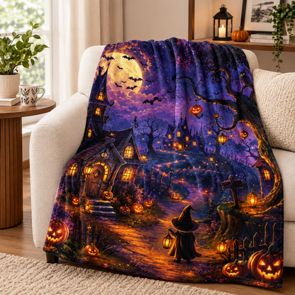 Haunted village Halloween throw blanket with witch and pumpkins draped over white couch