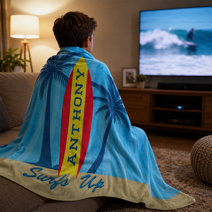 Custom name on surfs up polyester fleece throw blanket for surfing and beach loving kids
