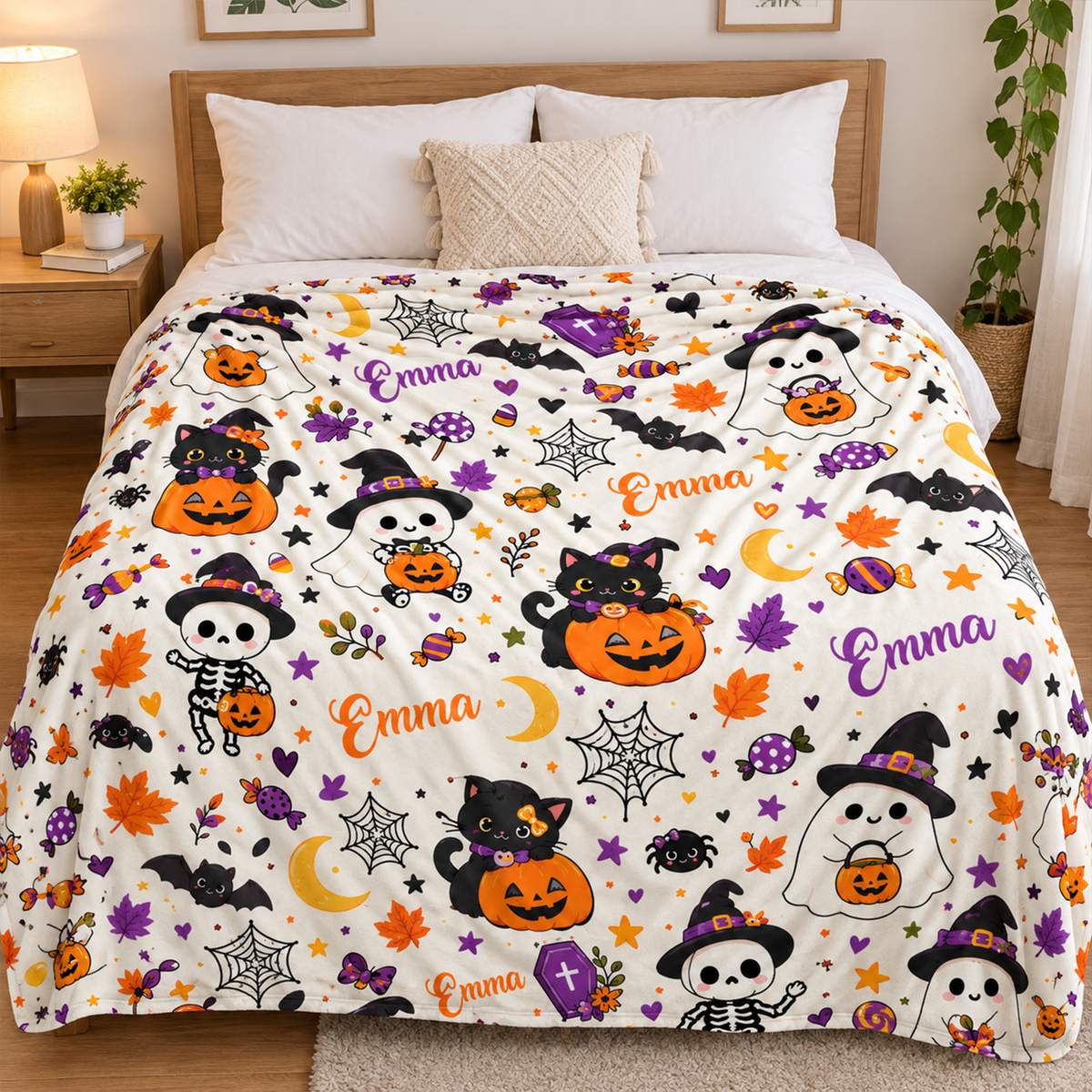 Personalized Halloween Name Throw Blanket for Kids | Custom Ghost & Pumpkin Throw