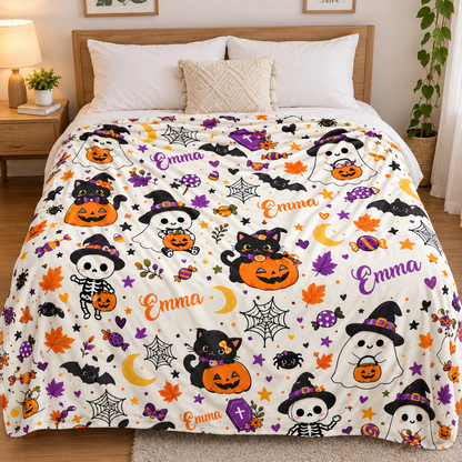 Personalized Halloween Name Throw Blanket for Kids | Custom Ghost & Pumpkin Throw