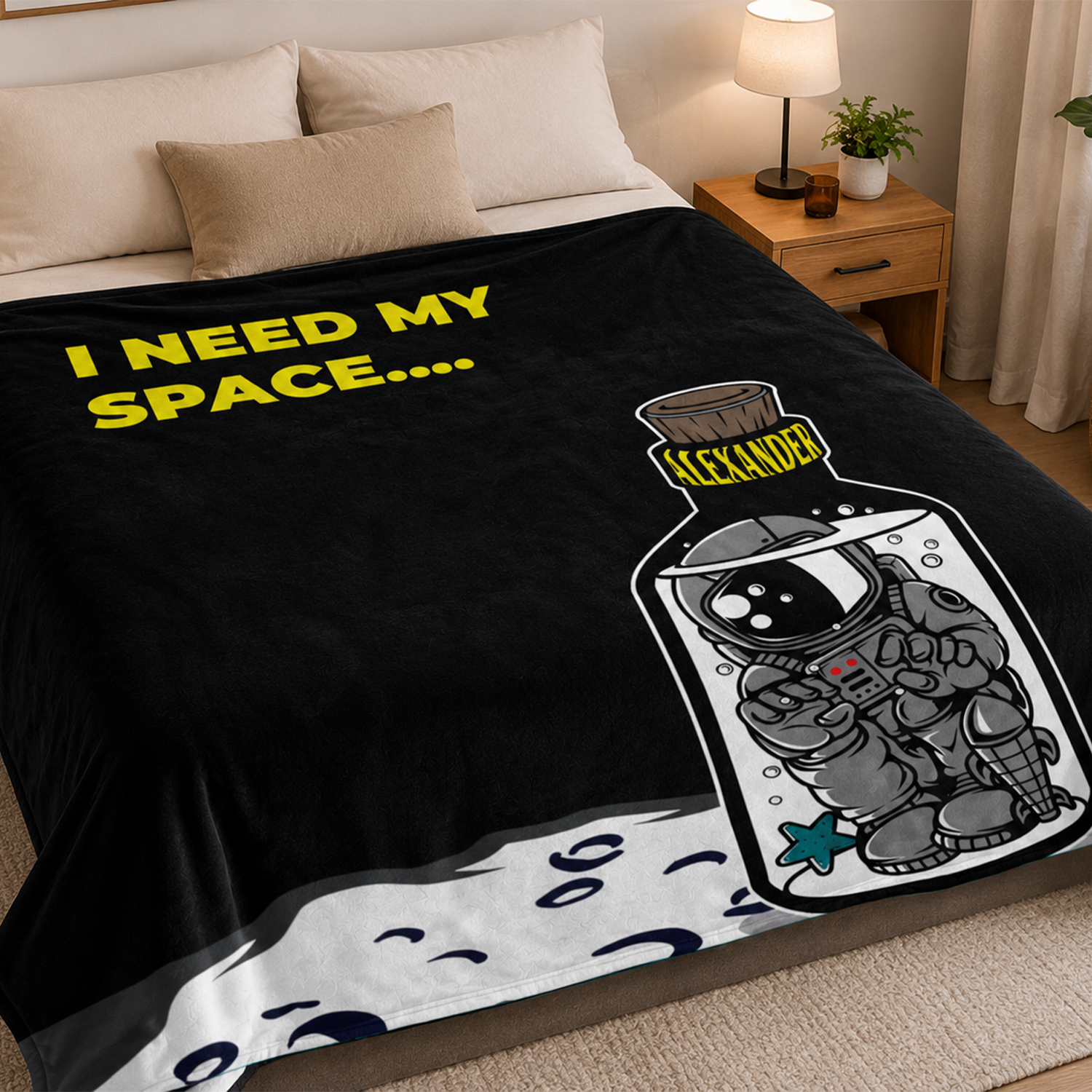 Close-up of custom name on I need my space funny polyester fleece throw blanket
