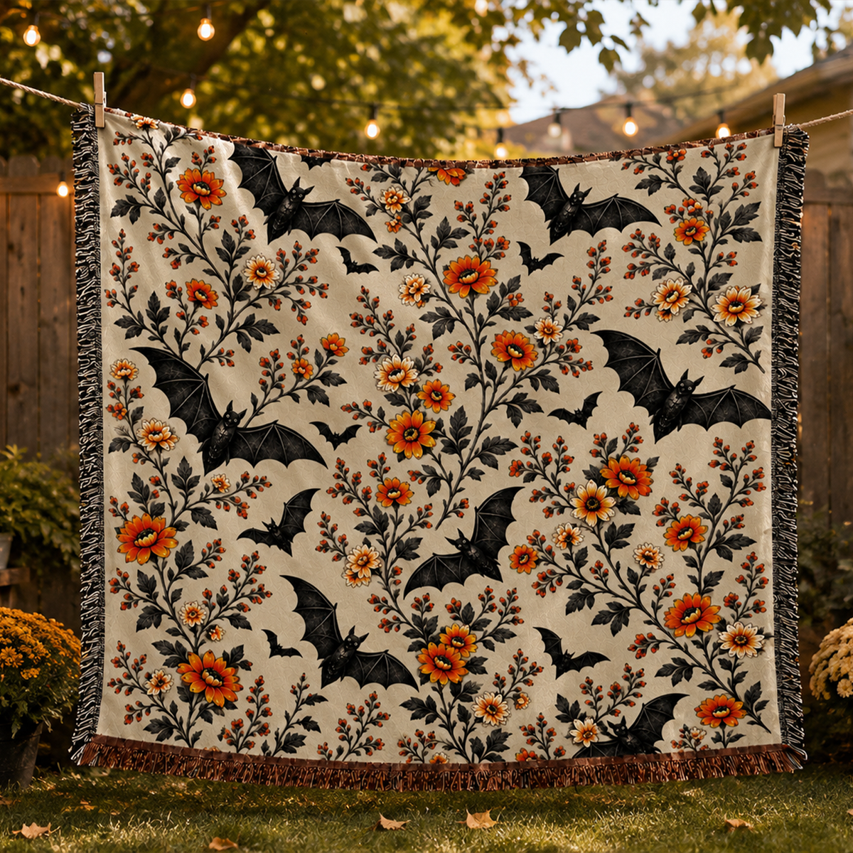Neutral Bat Halloween Woven Throw Blanket | Boho Fall Home Decor Gift