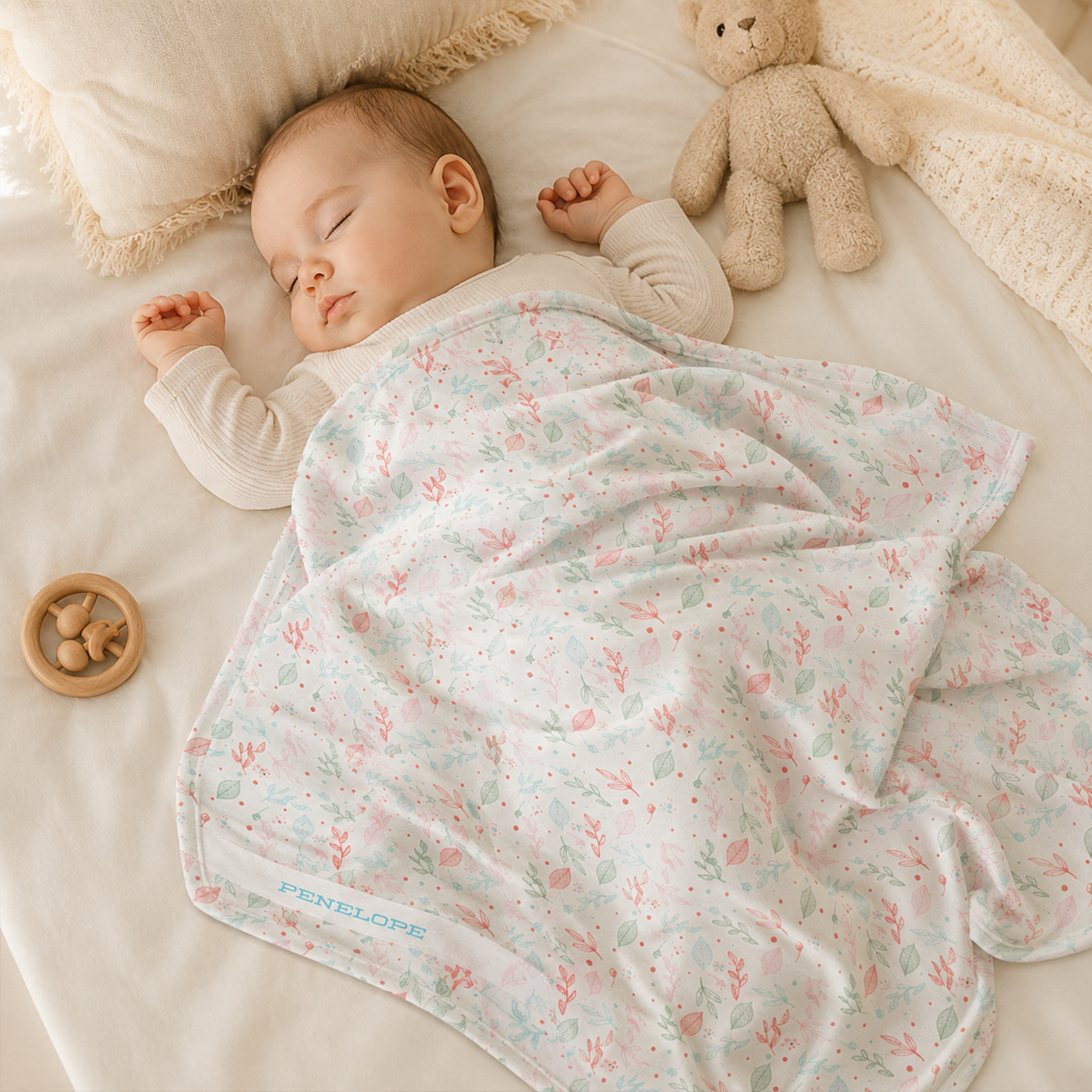 Newborn wrapped in personalized floral swaddle blanket as heartfelt baby shower gift

