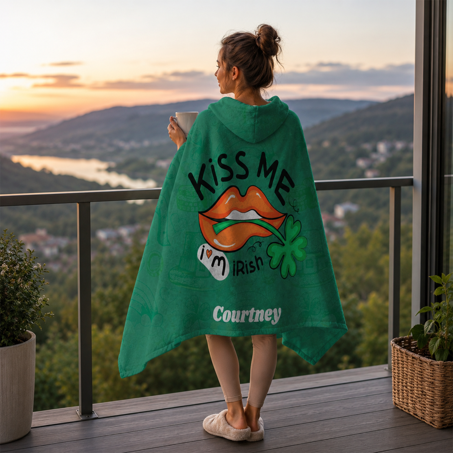 Person wearing personalized kiss me Irish hooded blanket as funny St Patricks gift
