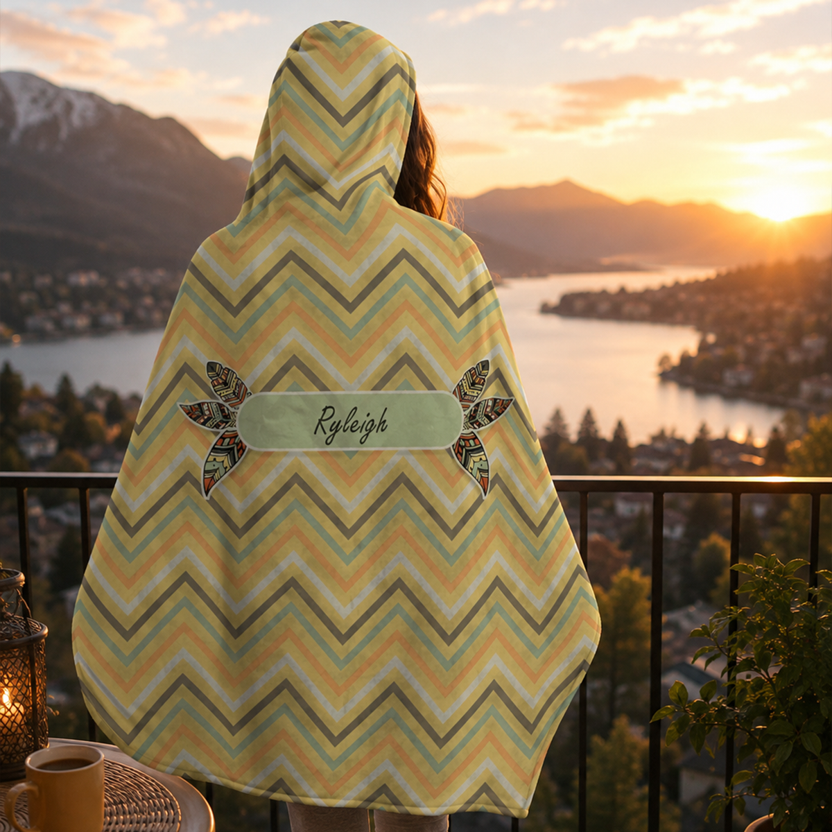 Custom name on dreaming of chevron Minky fleece hooded wearable blanket for floral pattern women
