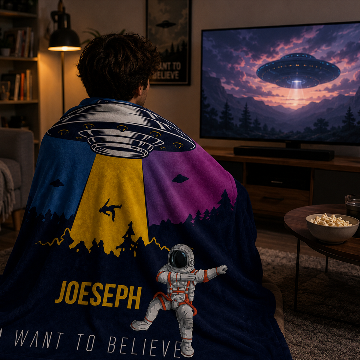 Child wrapped in personalized alien invasion throw blanket as birthday space gift
