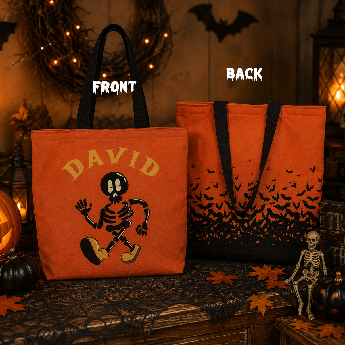 Close-up of custom name on retro Halloween skeleton cotton canvas tote 15 by 16 inch
