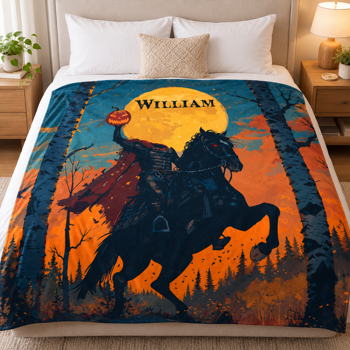 Close-up of custom name on personalized headless horseman Halloween polyester fleece blanket
