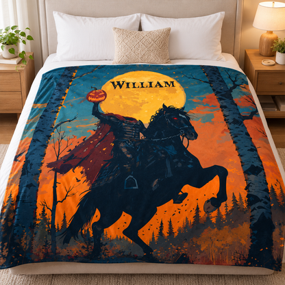 Close-up of custom name on personalized headless horseman Halloween polyester fleece blanket
