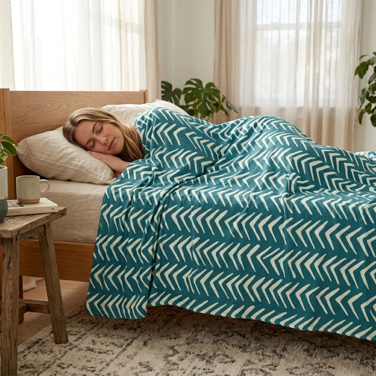 Person wrapped in teal tribal throw blanket as bold boho housewarming birthday gift
