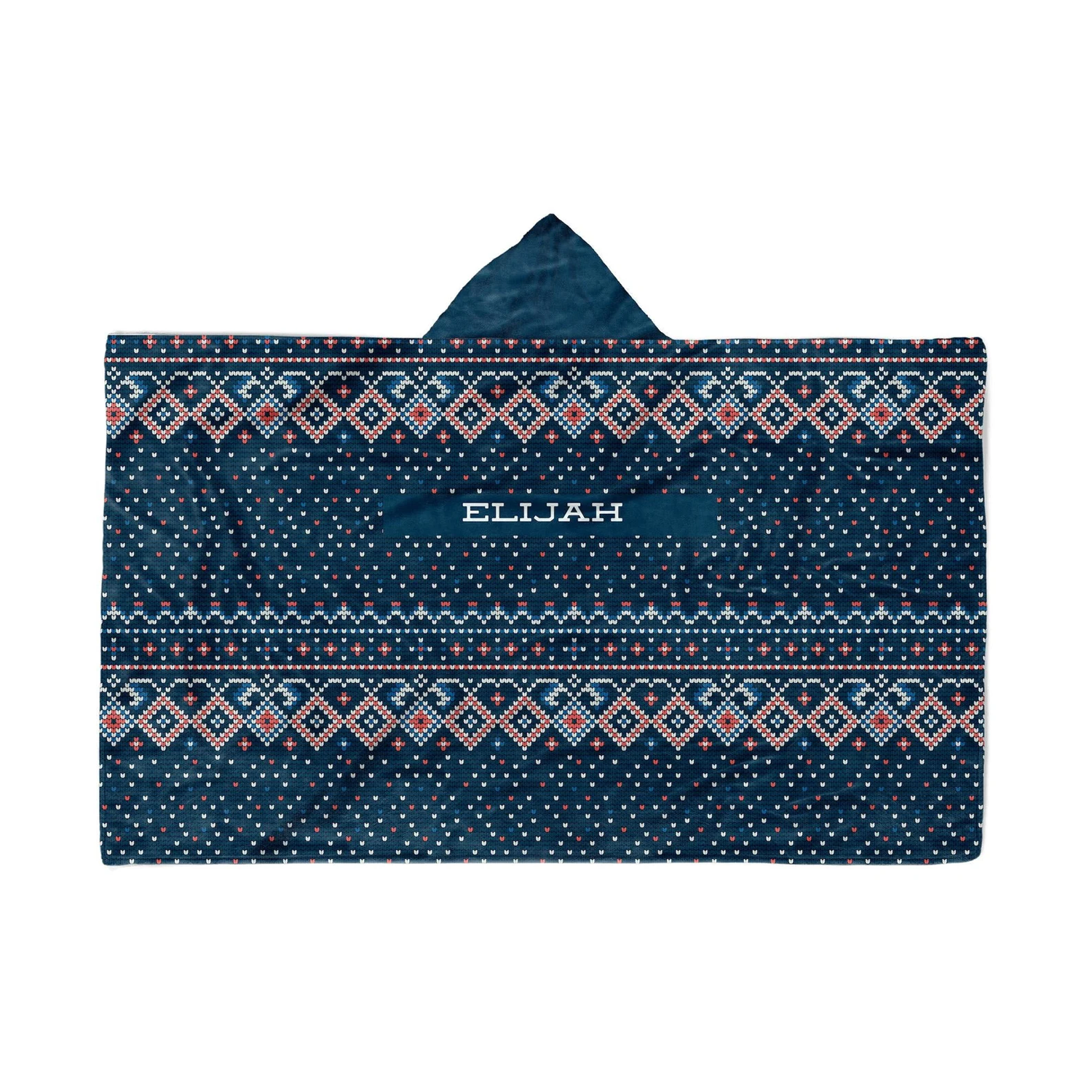 Close-up of custom name on blue Christmas sweater Minky fleece hooded blanket

