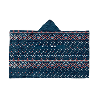 Close-up of custom name on blue Christmas sweater Minky fleece hooded blanket
