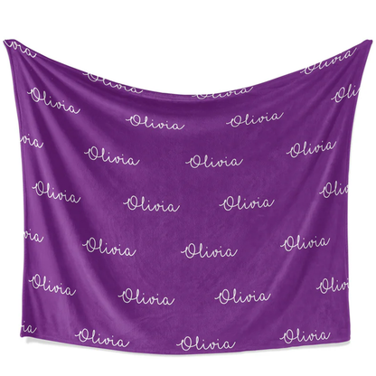 Name and color personalized throw blanket showing full 50 by 60 inch fleece size
