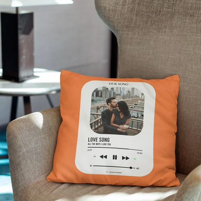 Personalized love song photo pillow styled in bedroom as anniversary decor gift
