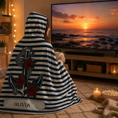 Custom name on open sails Minky fleece hooded wearable blanket for sailing and ocean lovers
