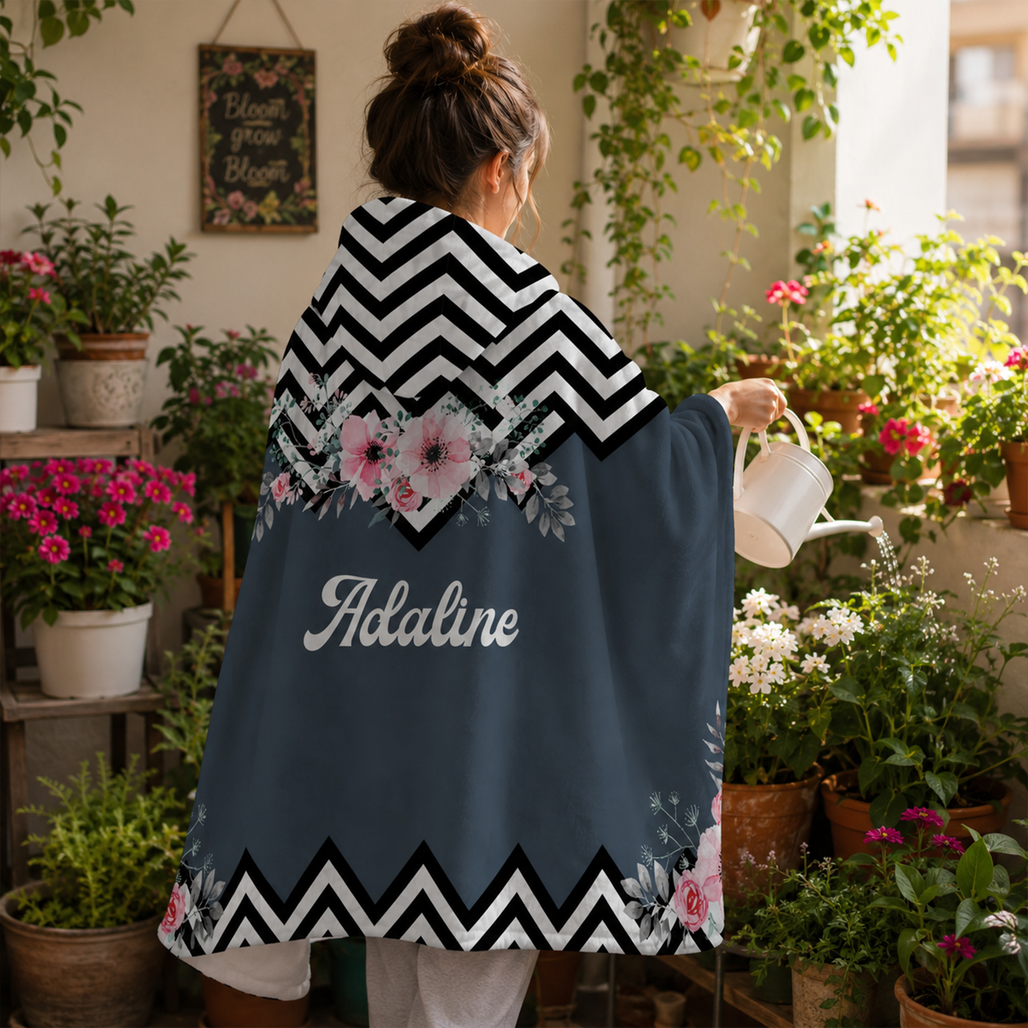 Close-up of custom name on deco eco botanical Minky fleece hooded wearable blanket
