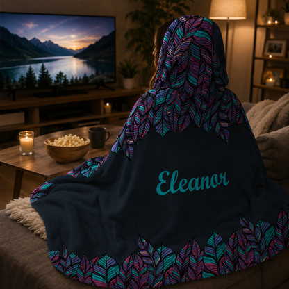 Custom name on boho feathers Minky fleece hooded wearable blanket for boho women and girls
