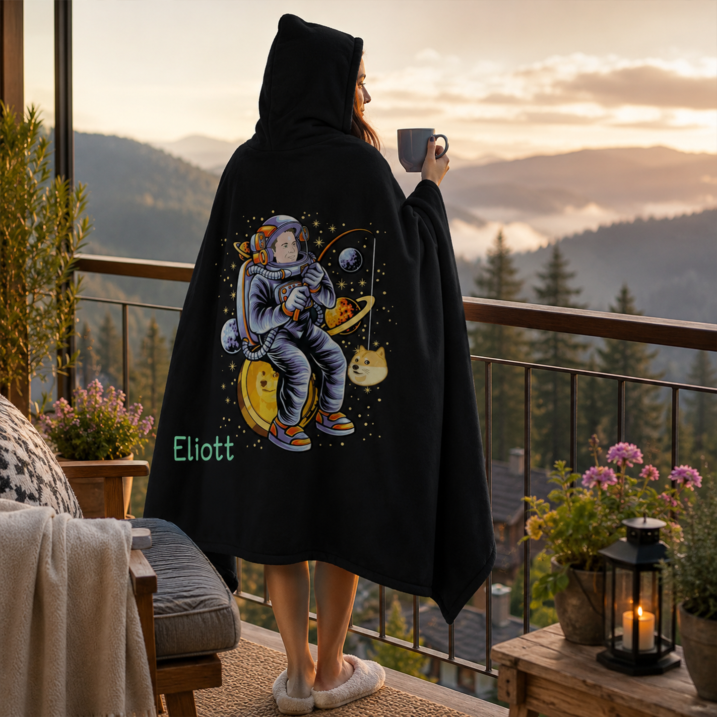 Crypto fan wearing personalized Dogecoin Elon fishing hooded blanket as birthday gift
