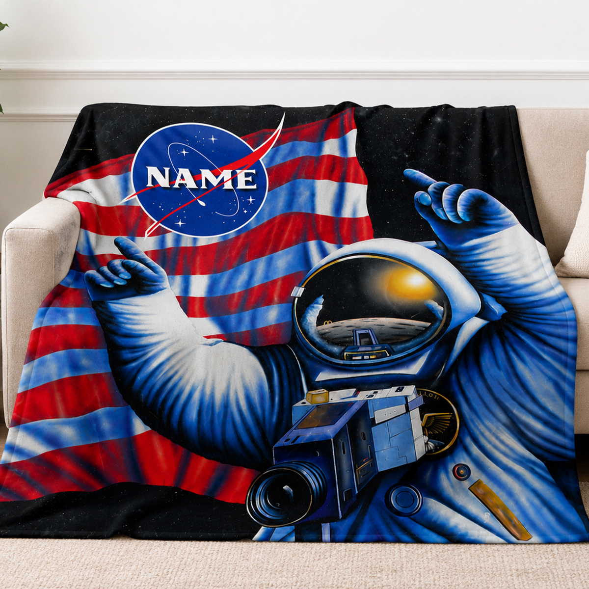 Close-up of custom name on American astronaut polyester fleece throw blanket
