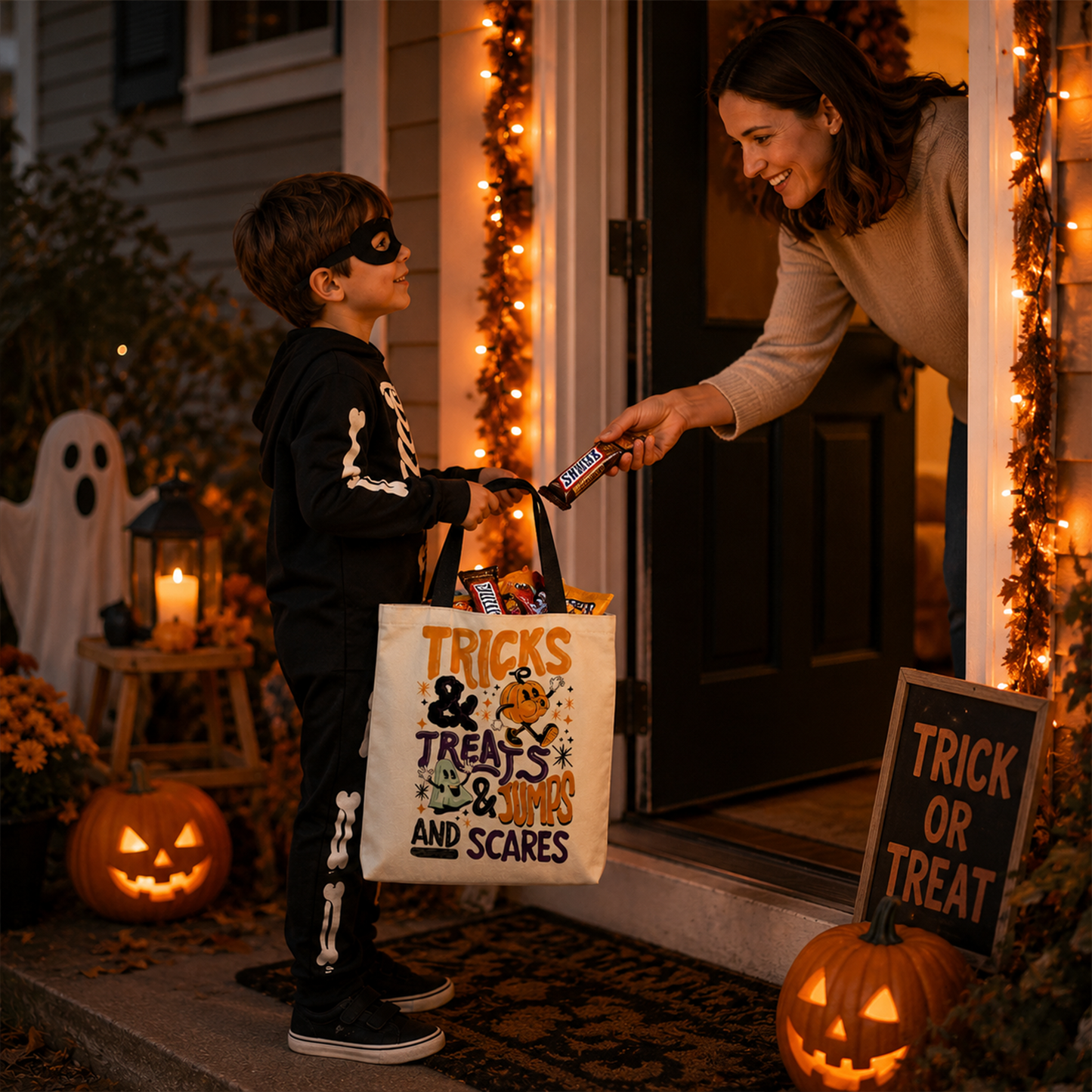 Custom name on retro tricks and treats cotton canvas tote bag for Halloween season
