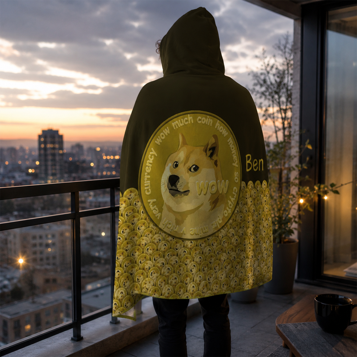 Crypto fan wearing personalized Dogecoin Shiba Inu hooded blanket as birthday gift

