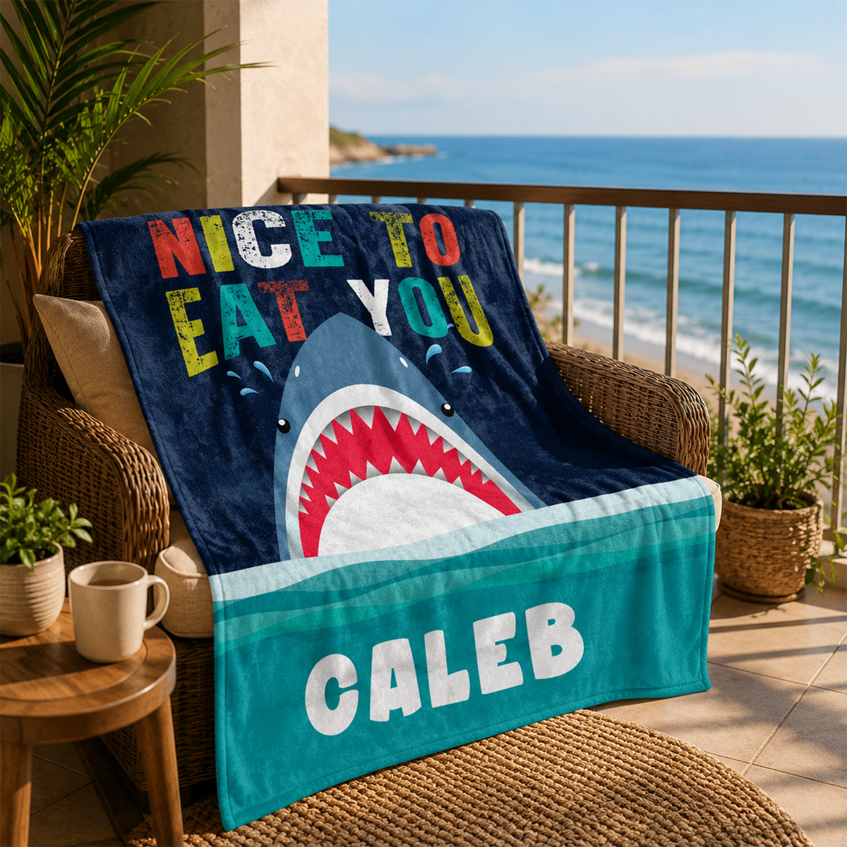 Custom name on shark bite polyester fleece throw blanket for kids who love sharks

