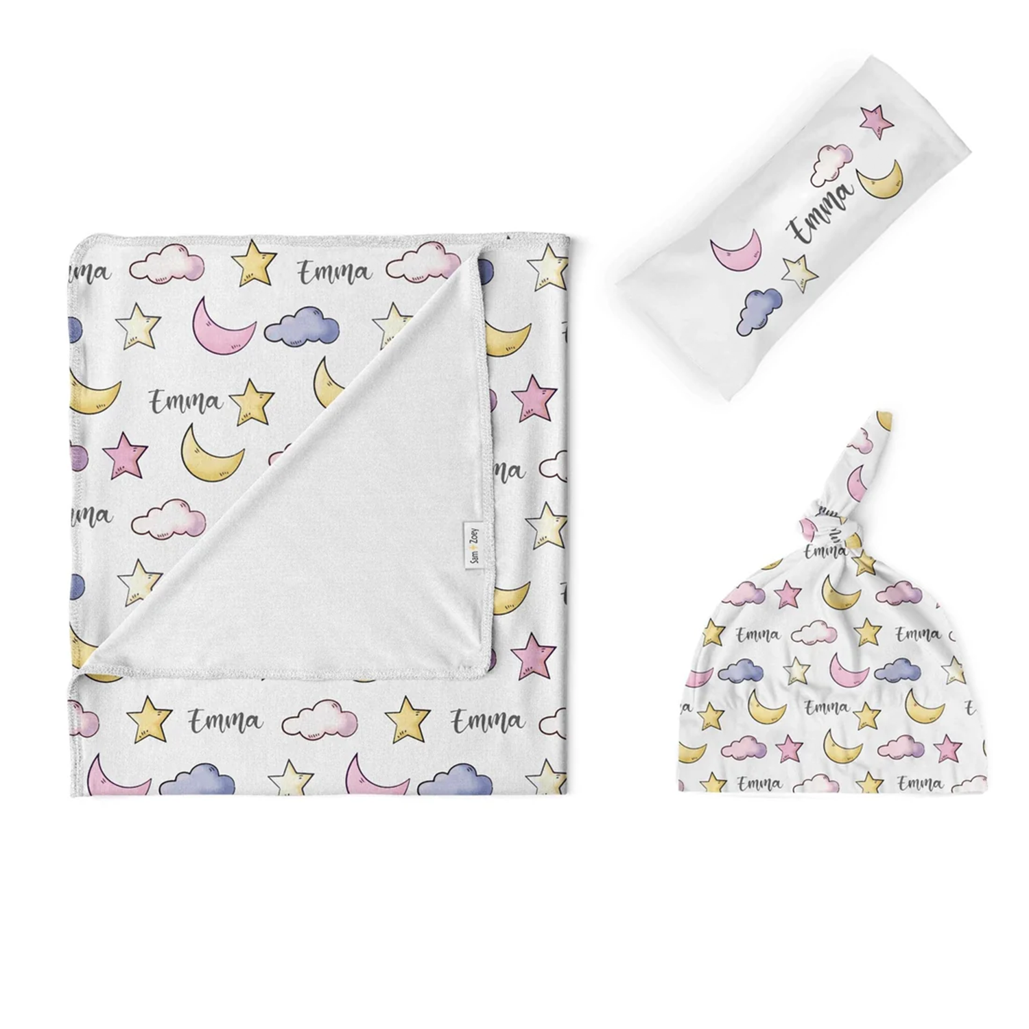 Close-up of custom name on moon and stars cotton baby swaddle set for newborns
