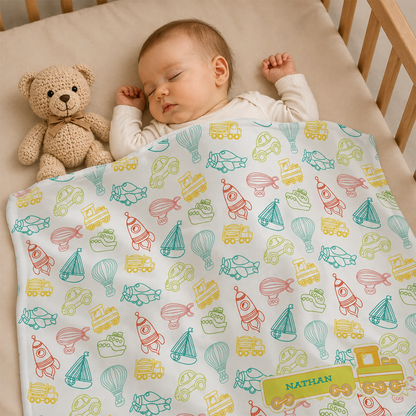 Colorful Little Toys Baby Blanket | Personalized Fun Adventure Fleece Gift for Baby Shower