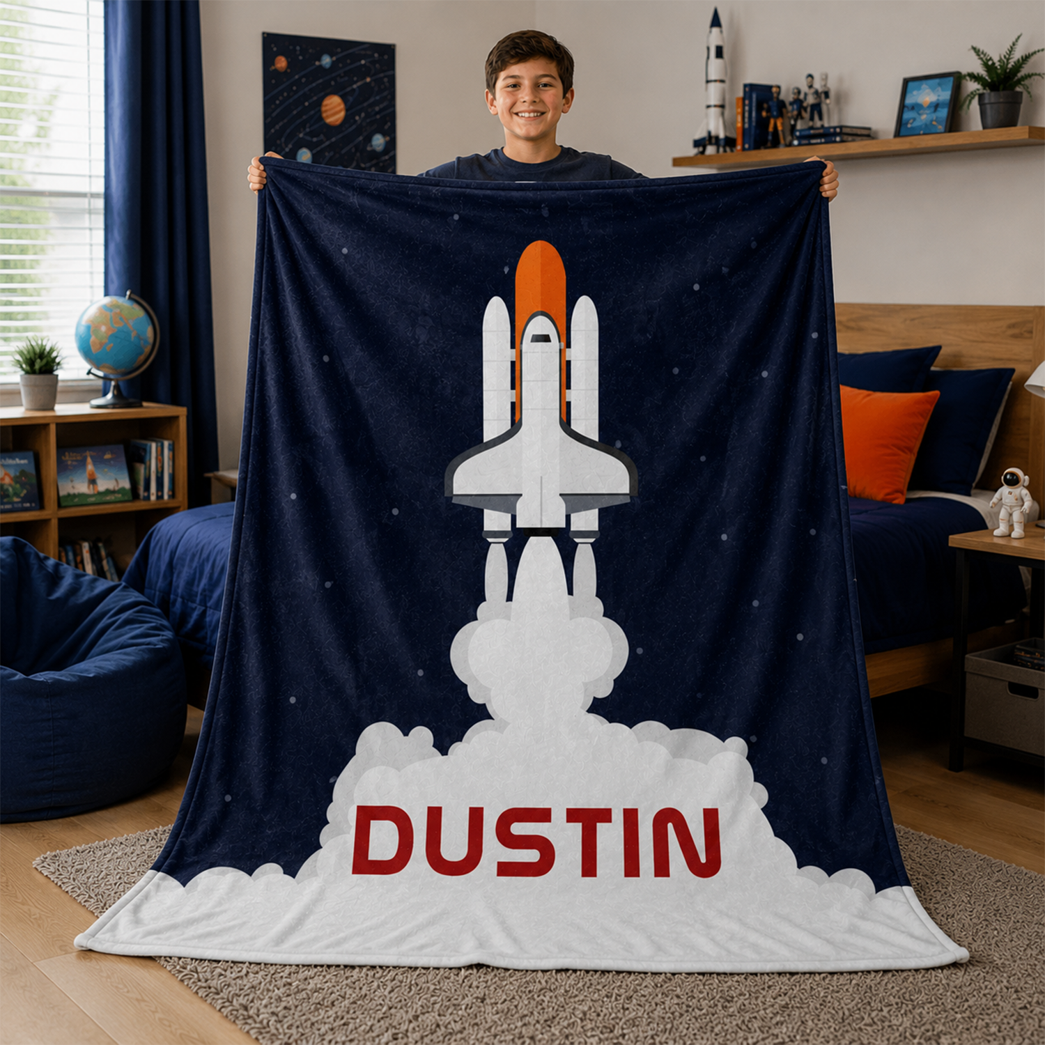 Custom name on rocket launch polyester fleece throw blanket for space loving kids
