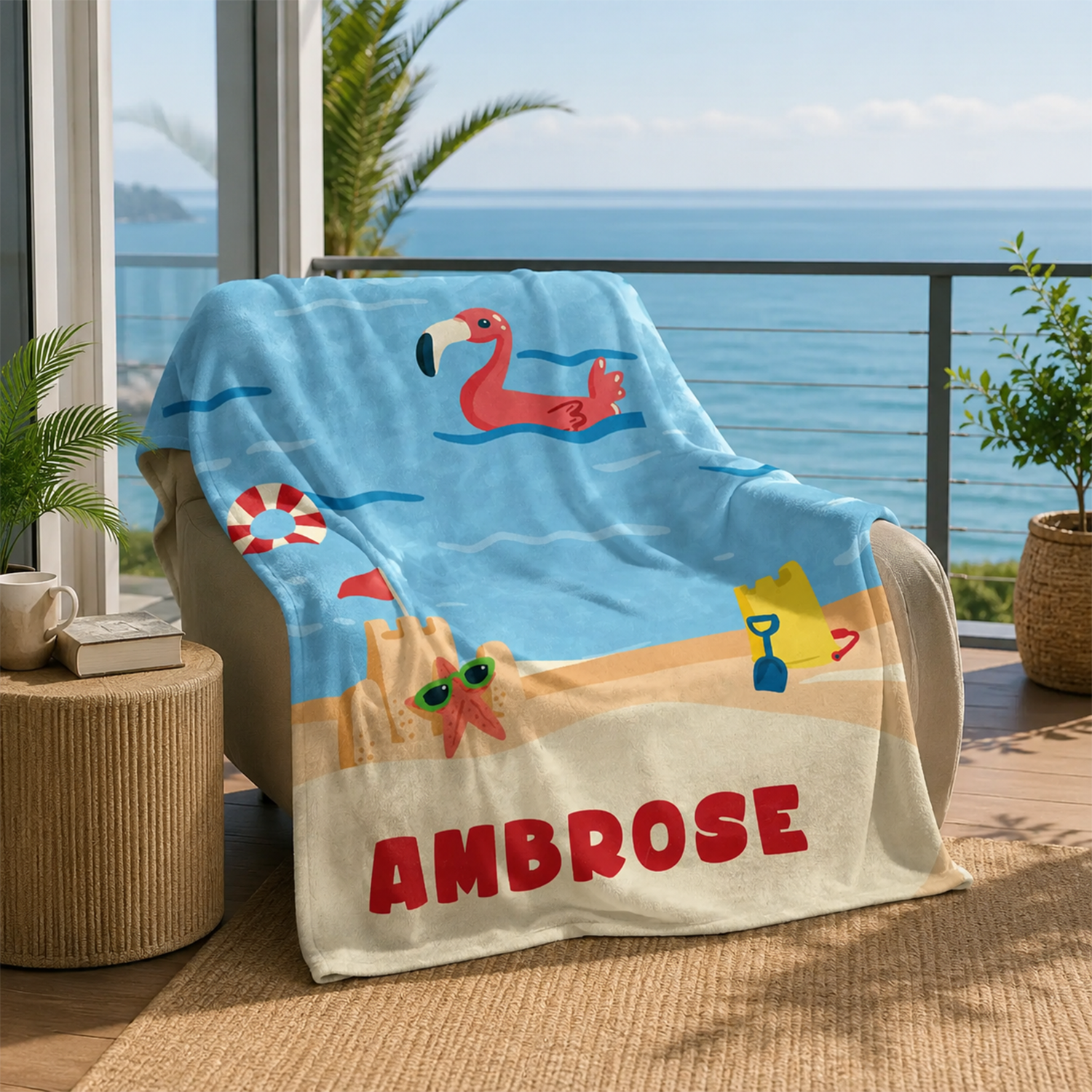 Custom name on sandy beach shore polyester fleece throw blanket for beach loving kids
