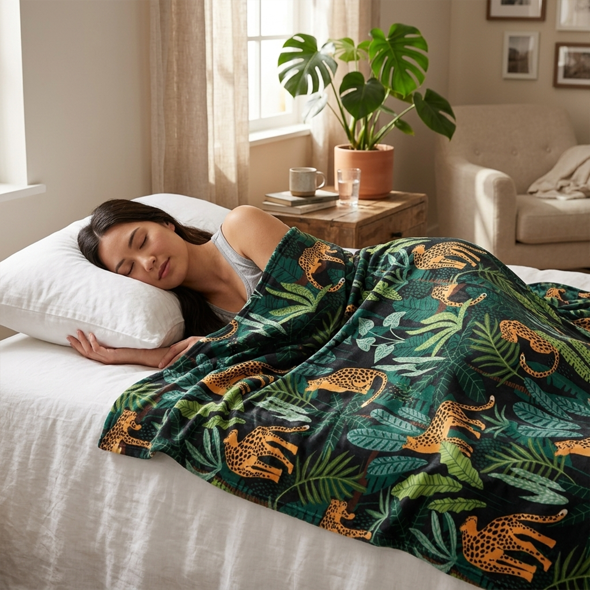 Person wrapped in cheetah in jungle throw blanket as bold housewarming birthday gift
