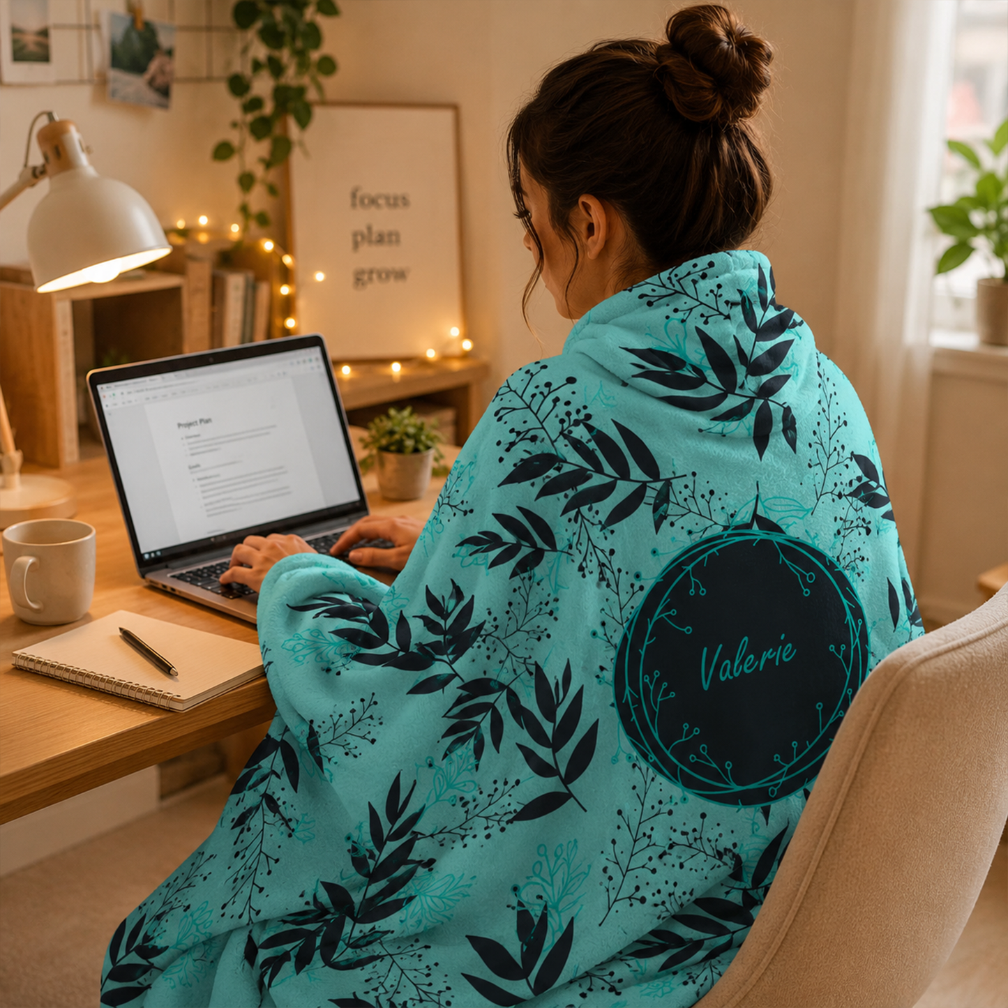 Custom name hooded wearable blanket in floral winterberry Minky fleece botanical print
