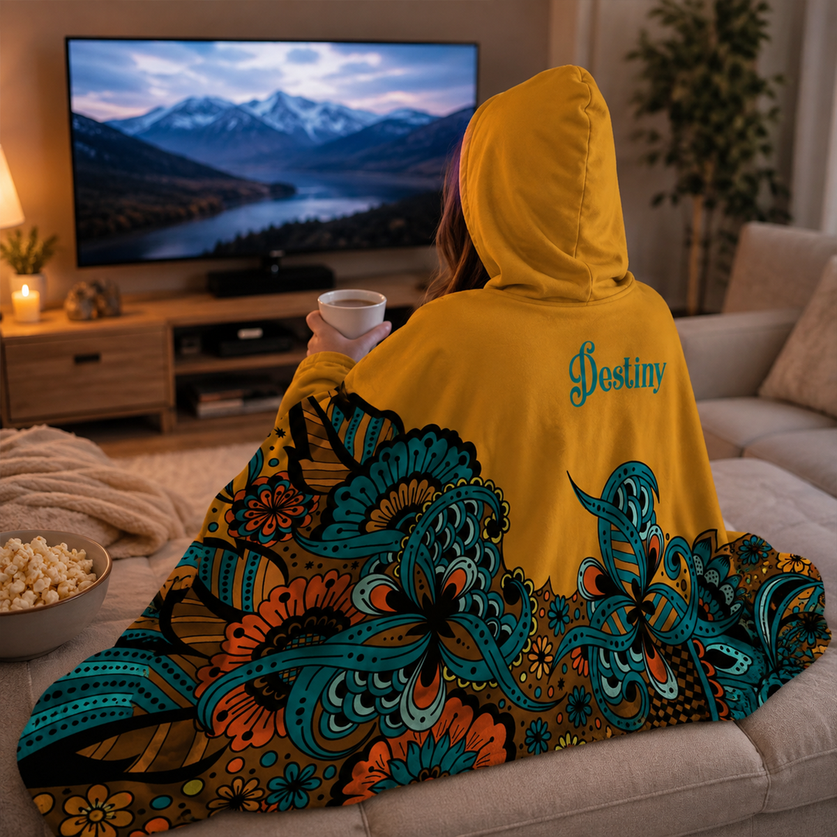 Custom name on poppin paisley Minky fleece hooded wearable blanket for bold print women
