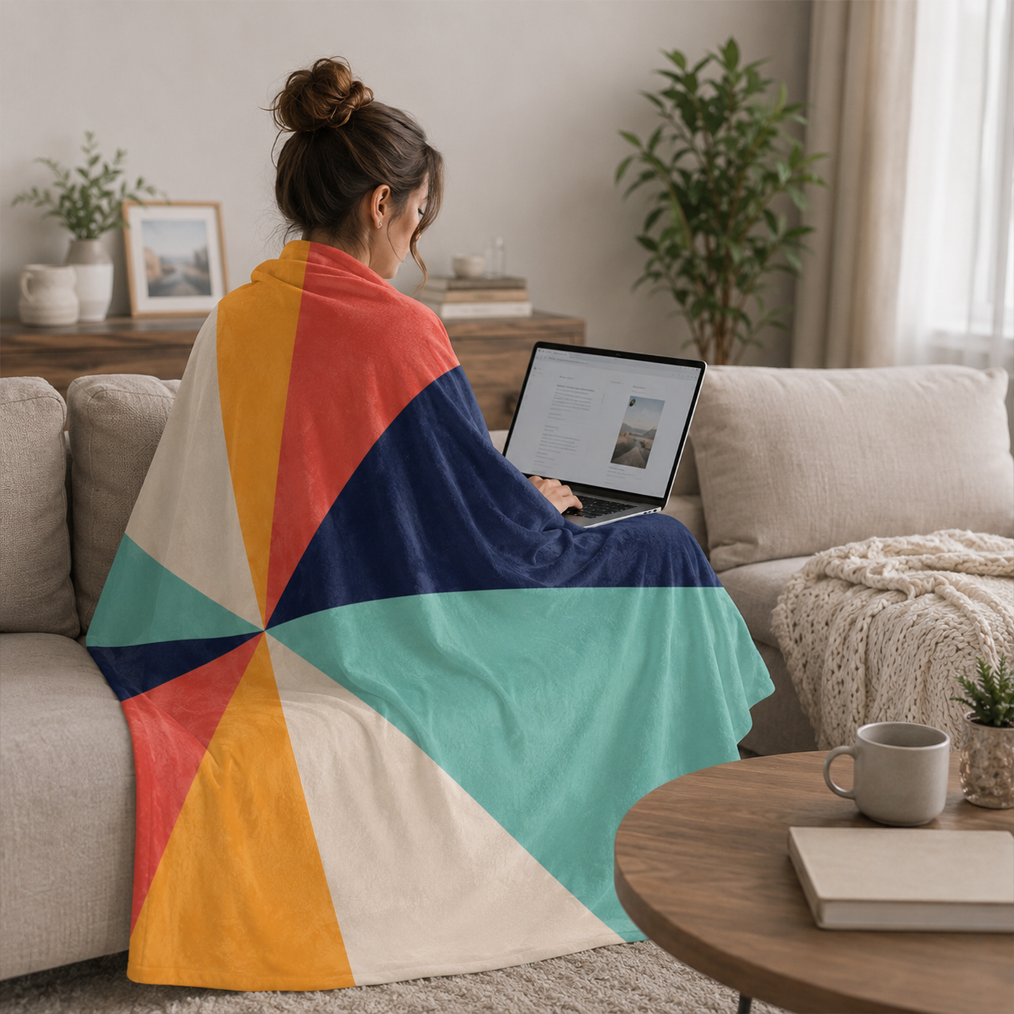 Person wrapped in geometric 70s sunburst throw blanket as retro housewarming gift
