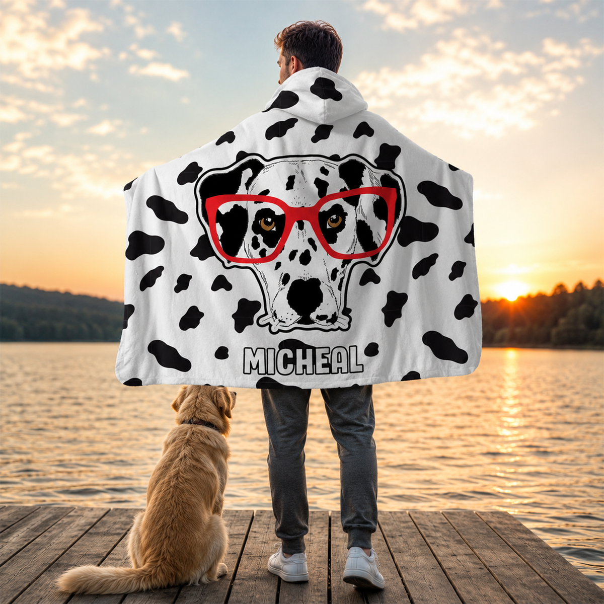 Custom name on daldog Minky fleece hooded wearable blanket for dog and pet loving adults
