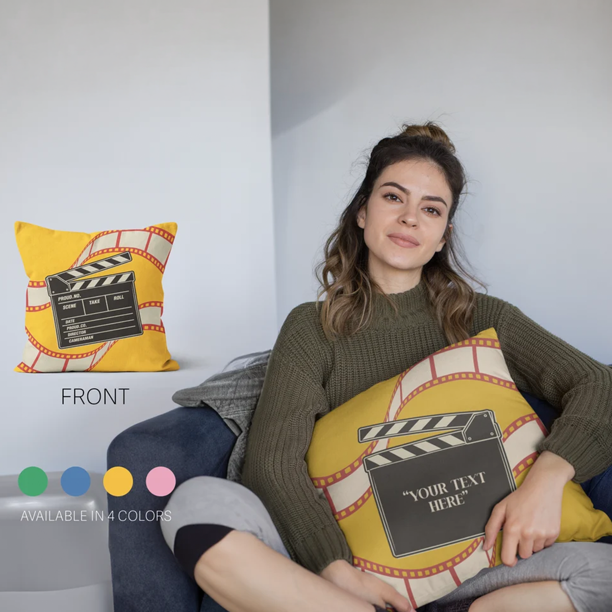 Personalized film slate throw pillow on couch showing full cover design
