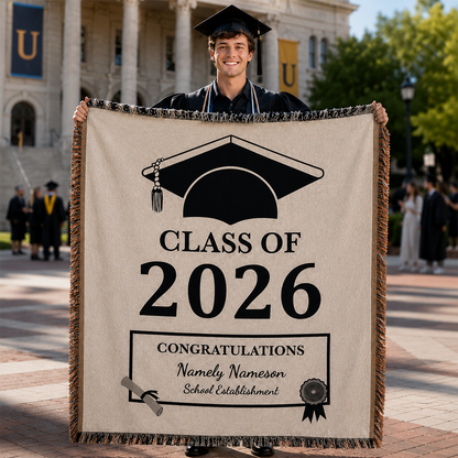 Graduate holding personalized Class of 2026 woven throw blanket as keepsake gift
