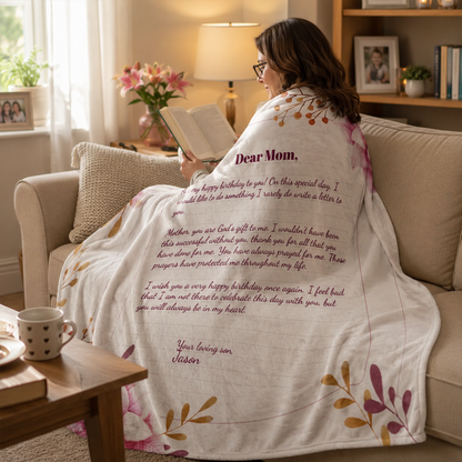 Woman wrapped in personalized pink floral letter throw blanket as Mothers Day gift
