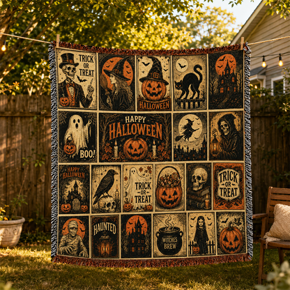 Vintage Ghost and Black Cat Halloween Woven Throw Blanket for Fall Decor