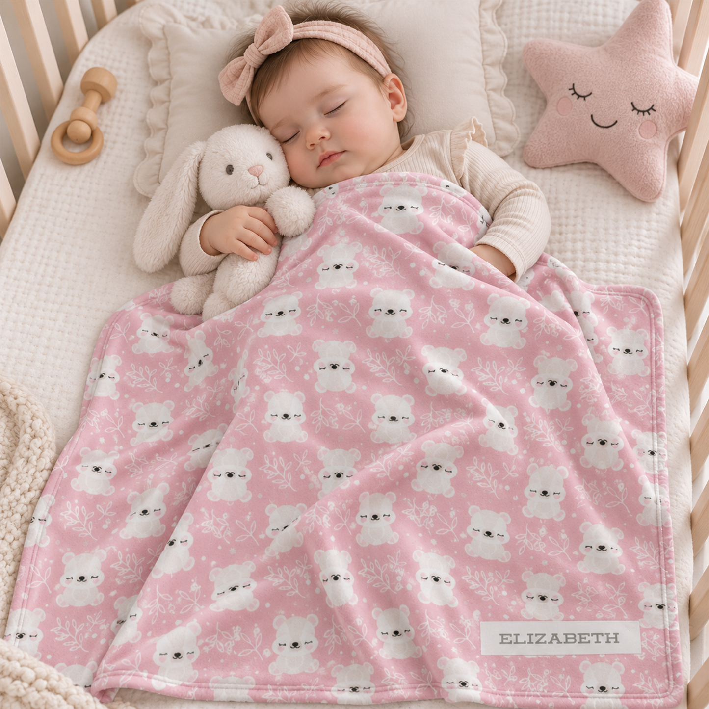 Baby girl wrapped in personalized smiling bear pink fleece blanket as shower gift
