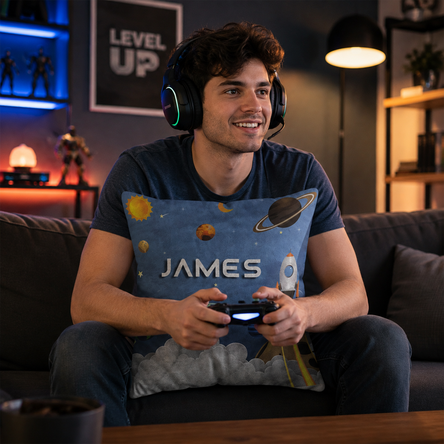 Personalized spaceship throw pillow as birthday gift for space loving kids room
