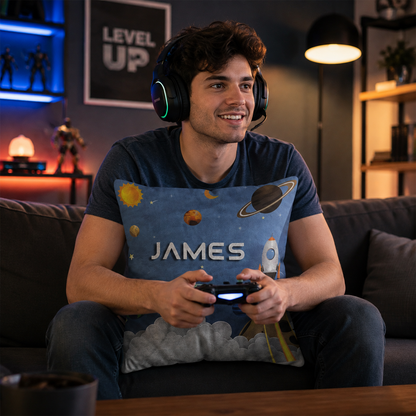 Personalized spaceship throw pillow as birthday gift for space loving kids room
