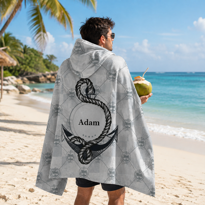 Custom name on anchor Minky fleece hooded wearable blanket for nautical and ocean lovers
