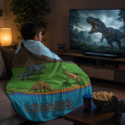 Custom name on dinosaur park polyester fleece throw blanket for dinosaur loving kids
